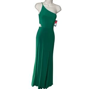 Jump Apparel Jewel Green One Shoulder Cutout Sweep Train Gown NWT 0 SS26